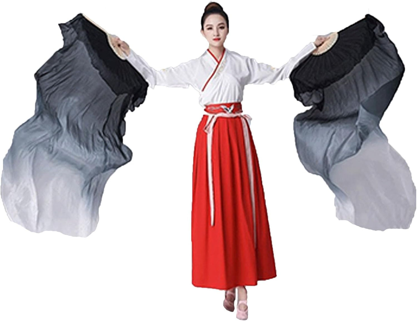 Women 1 Pair Hand Made Silk Belly Dance Fan Veils Long Bamboo Fan for Dancing
