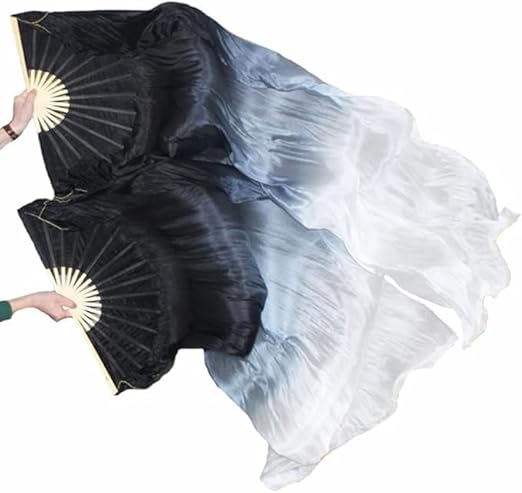 Women 1 Pair Hand Made Silk Belly Dance Fan Veils Long Bamboo Fan for Dancing