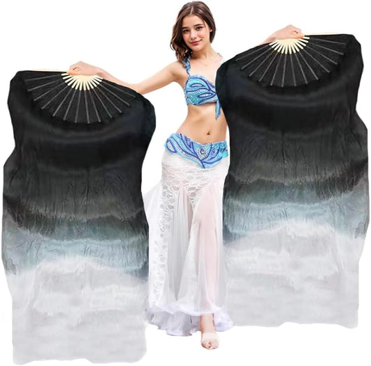 Women 1 Pair Hand Made Silk Belly Dance Fan Veils Long Bamboo Fan for Dancing